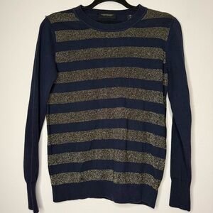 SCOTCH AND SODA Lurex Shimmer Gold Striped Navy Crewneck Holiday Sweater